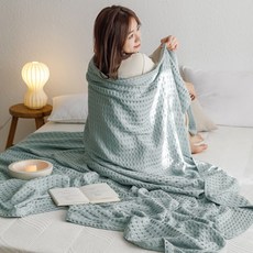 Belle Vie 純棉華夫格空氣隨意毯 時尚披肩毯【100x150cm】兒童薄被 多功能毯 四季毯 膝蓋毯 旅行毯, 水藍