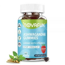 Novafun Ashwagandha 비타민 D2가 함유된 젤리 스트레스 완화 및 면역 지원을 위한 아슈와간다 3000mg 채식주의자 글루텐 프리 딸기 맛 60개, Novafun Ashwagandha 비타민 D2가 함유, 1개, 60