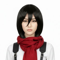 [파티팡] 미카사 아커만풍 코스프레 가발 거인풍 캐릭터 스타일 파티용 헤어, 1개