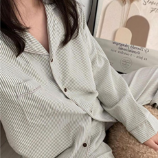SweeieHobby 여성 긴팔 잠옷 세트 파자마 홈훼어 수면잠옷 편한 라운지웨어 실내복 상하의 줄무늬