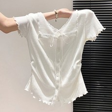 루엔나 여성 여름 반팔 티셔츠 프릴 리본 셔링 슬림핏 버튼 탑 블라우스