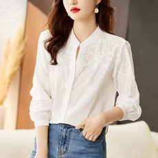 블라우스 브이넥 화이트 자수 펀칭 블라우스 꽃 순면, M