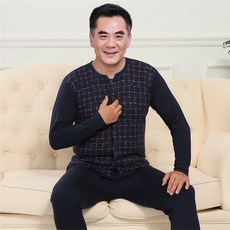 Vezri 남성 중년 가을 겨울 내복 내의 상하세트 소프트 라운드넥 버튼 업 이너웨어 스타일