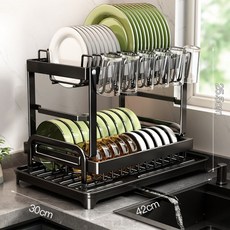 廚房置物架多功能杯架雙層碗碟架收納架子濾水碗盤碗架瀝水架, 1個, 黑色_碗碟架+杯架
