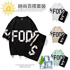 男士大碼休閒短袖套裝 夏季冰絲運動短褲二件套 圓領透氣潮流大碼套裝 台灣出貨