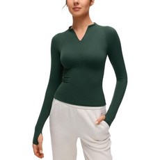 CRZ 요가 소프트 암브레이스 하프 지퍼 긴팔 셔츠 - 캐주얼 외출 탑 쿼터 티에 엄지 구멍이 있습니다, 작은., 레전드 그린