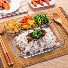 쿠코아 투명 유리 4칸 식판 디저트 간식 나눔 접시, 중 사이즈(9인치), 1개, 23*23*2.6cm 투명