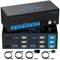 8K HDMI KVM 스위치 2 모니터 컴퓨터 듀얼 지원 8K@60Hz 4K@120Hz 스위처 PC 확장 디스플레이 포트 공유 4 USB 3.0 허브 데스크탑 컨트롤러 및 케이블, 2 PC 3 Monitors, Deep Blue
