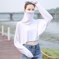 防曬披肩圍脖面罩一體式夏季冰絲遮陽開車騎車護頸防曬衣, 白色不漏指款, 1個