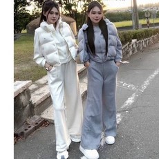 雪莉小姐 冬日軟綿綿馬甲背心連帽刷毛外套寬褲套裝