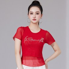 로즈레드 라운드넥 라인댄스복 댄스핏 시스루 반팔 상의 여름 레이어드 줌바복