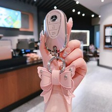 벤츠 키케이스 핑크 C E글래스 TPU 스마트 자동차 키 홀더 커버 키링, F타입-벤츠-핑크-리본, 신형