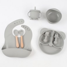 8件套硅膠寶寶餐具套餐嬰兒用品兒童輔食碗餐盤食品級兒童用品, 1個, 木柄貓耳朵八件套-灰色:無規格