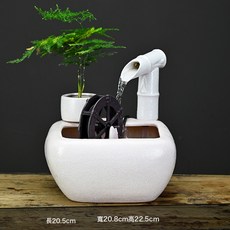 新中式陶瓷循環流水擺件 辦公室客廳招財 開業喬遷禮品, 四方水車-帶植物-白色