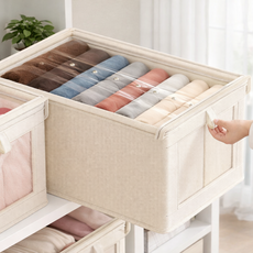 하스몰 옷정리 보관 대용량 투명창 커버형 먼지없는 수납 의류 정리함, 베이지, 1개