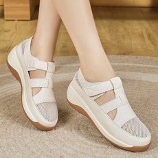 DarjinQD 여성 망사 샌들 키높이 통굽 5CM 발편한 여성 샌들 여름 펀칭 슬립온 키높이 스니커즈 쿠션 시원한 신발 여성 통기성 슬립온 여성 통굽 구두 엄마 샌들198
