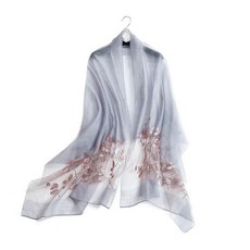 STARWHISPER 여성용 실크 & 울 롱 앤 라지 스카프 숄 랩 이브닝 드레스 나뭇잎 자수 아이보리 140636, 나뭇잎 자수 그레이
