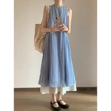 ZAJA 여성 원피스 여름용 원피스 스트라이프 루즈핏 드레이프감 기질 롱 원피스 이층