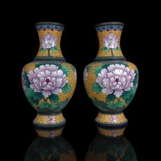 博古珍藏 銅胎景泰藍描金花卉紋花瓶一對 高25公分 早期收藏老件 佛堂插花