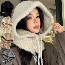 울 니트 단추 바라클라바 후드 모자 넥워머 귀도리 모자 4컬러, 블랙