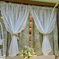 DFMEI 布加紗雙層窗簾法式蕾絲半簾門簾廚房小清新綠色ins臥室田園風, 打孔式