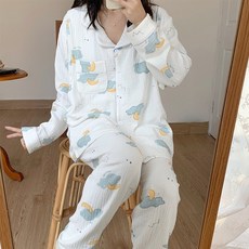 순면 100%에 살찌고 크레이프 가제 이중 산후조리복 임산부 잠옷 봄여름 수유 세트