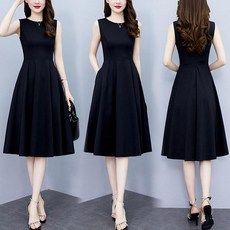 단아한 민소매 결혼식 여름 원피스 하객룩 A라인 미디 데일리 데이트룩, 숏 블랙