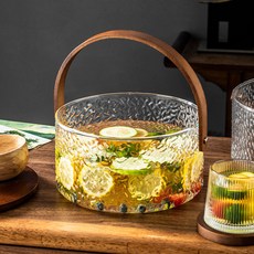 網紅石頭紋快樂水果桶玻璃桶手提水戶外野餐冰桶水果提籃水果茶桶, 1個, 透明,6件套中號玻璃提桶+蓋+木勺+3套杯