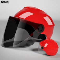 DFMEI 摩托車頭盔頭盔電瓶車電動車騎行頭盔四季通用款男女半盔, 1個, 紅色(出口專供非3C):透明鏡片