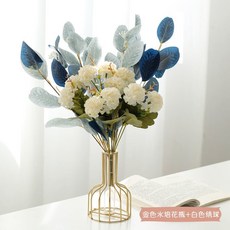 客廳假花仿真花塑料花擺件ins客廳酒櫃餐桌房間鬱金香插花裝飾品 ins日韓風 仿真花擺件 客廳香插花擺件qct6r0, 金色水培花瓶+白色繡球, 1個