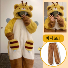 라엘드 꿀벌곰돌이 바지세트 동물잠옷 수면잠옷 빅사이즈 가을 겨울 긴팔 동물파자마 극세사