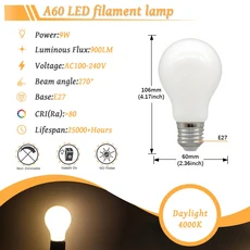 2개 레트로 에디슨 전구 E14 E27 B22 A60 G45 ST64 G80 필라멘트 빈티지 램프, 20 A60 E27 4000K 9W, 01 AC220-240V