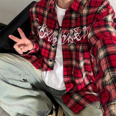 남녀공용 커플 자수 셔츠 아우터 체크롱셔츠 빅사이즈 루즈핏 커버 데일리 자외선 차단