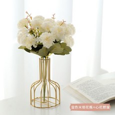 客廳假花仿真花塑料花擺件ins客廳酒櫃餐桌房間鬱金香插花裝飾品 ins日韓風 仿真花擺件 客廳香插花擺件qct6r0, 金色水培花瓶+心花怒放, 1個