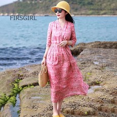 FIRSGIRL 여성 여름 면마 롱 원피스 플라워 브이넥 루즈핏 휴양지 데일리