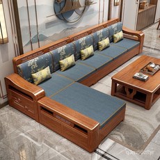 新中式衚桃木全實木沙發組閤冬夏兩用客廳小戶型儲物貴妃木質傢具, 胡桃色,三人位, 1個