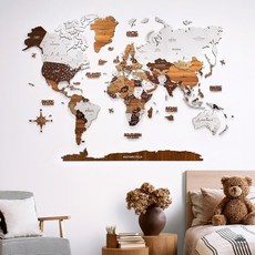 3D立體木製世界地圖【經典時尚】奢華版 質感壁貼地圖 大廳裝飾 禮物, 1個, L PLUS (165*115cm),精裝國旗圖釘組