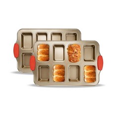 JSJMOFA 실리콘 손잡이가 달린 8개의 캐비티 미니 로프 팬 논스틱 브레드 팬 2팩 빵 치즈 케이크 브라우니 베이킹용 탄소강 사각 소형 278890, 골드