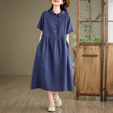 티류으스 여성 여름 반팔 셔츠 원피스 허리 스트링 단색 중년 엄마옷 50대 빅사이즈 AB