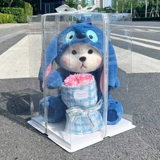 可愛造型絨毛泰迪熊玩偶，柔軟舒適寶寶安撫娃娃，輕巧方便攜帶, 藍色30cm變身莉娜熊+禮盒+燈帶+花束, 1套