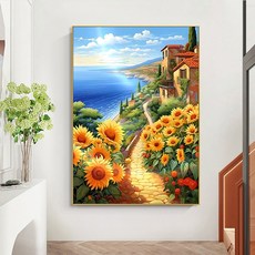 바다 마을 여름 제품 사각 마을풍경 수공예 십자수 풍경 꽃길 구슬 집꾸미기 보석십자수 해바라기 비즈, 골드프레임+그림 45x60CM/전체 다이아
