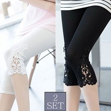 ROYALBELLE 2장묶음 여성 레이스 트리밍 얇은 스판 레깅스 슬림핏 빅사이즈 이너웨어 데일리 7부 바지 K042717