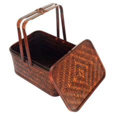 DecoBox 小長方平蓋單層竹編謝籃 (中元 七月 拜拜 中秋 肉粽 月餅 祭祖 年菜籃), 深褐色, 1個