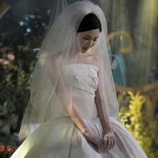 韓式新娘結婚頭紗 雙層寫真拍照頭飾 森系婚紗旅拍髮梳, 白色加鑽雲蓬-髮梳約80cm