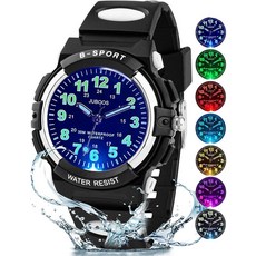 134260 Juboos 아동용 시계 아날로그 7가지 다채로운 야간 조명 남아 여아 방수 소프트 스트랩 어린이 시간 교육 쿼츠 손목 만 5-18세 블랙 - 실버 표면 캐주얼