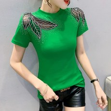망사 얇은 상의 라틴 댄스복 큐빅 연습복 라인 사교 티셔츠 빅사이즈 제품 여성 댄스탑 중년 댄스연습복, 1.녹색 M