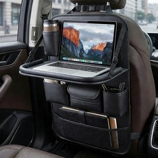 C.partner 자동차 뒷좌석 수납 테이블 차량용 가죽 접이 테이블 다용도 차량용품 수납 포켓 태블릿 PC 거치대 손자국 방지, 검은색, 1개