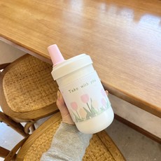 粉嫩少女心吸管杯保溫杯不鏽鋼水杯鬱金香水杯小花花杯子款, 1個, 1L, TAKE 花:粉蓋 珍珠奶茶保溫杯 460ml