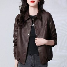 페이준 여성 봄가을 솔리드 칼라 루즈핏 숏 가죽 코트 캐주얼 가죽 재킷 엄마옷 YJ3851