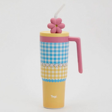 Tagi 손잡이형 스트로우 보온 텀블러, 옐로우 + 블루, 1개, 1.2L